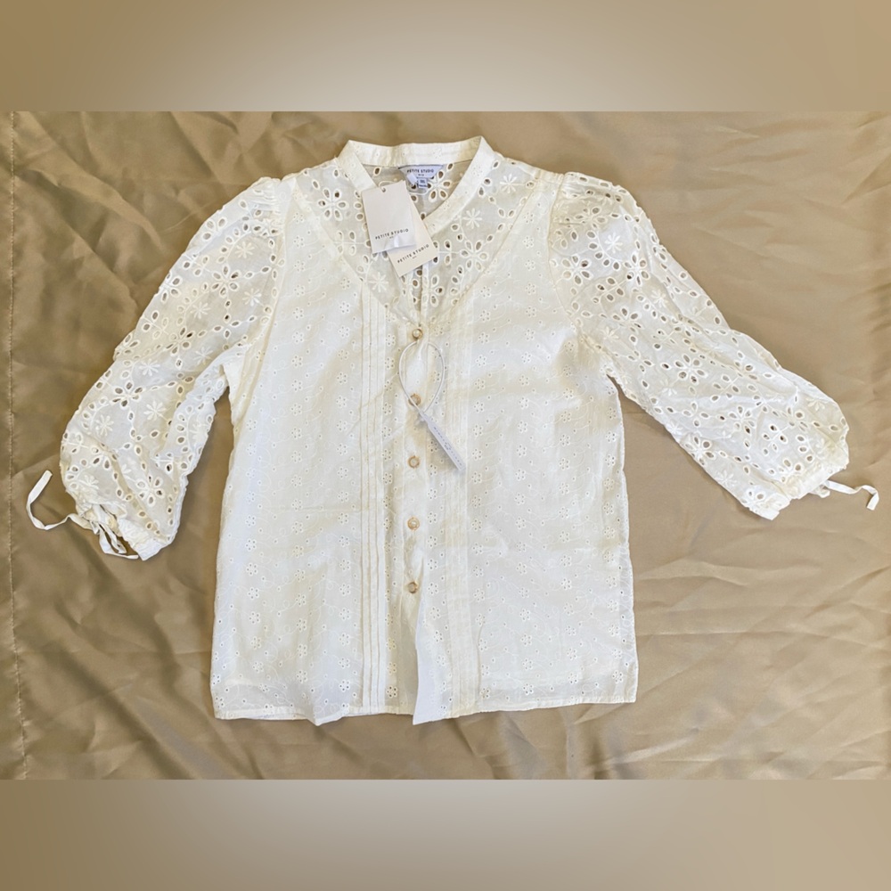 🌷Petite Studio Florence Cotton Eyelet Button Blouse in Ivory White XXSP 2xs